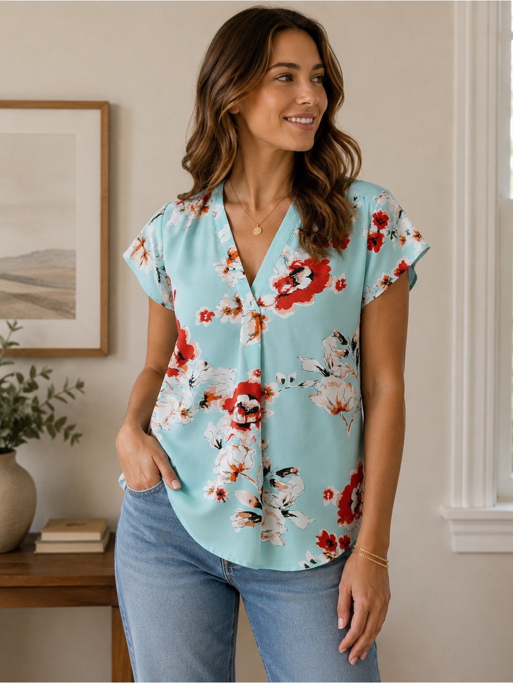 Fun2Fun Aqua Floral V-Neck Blouse Size Small